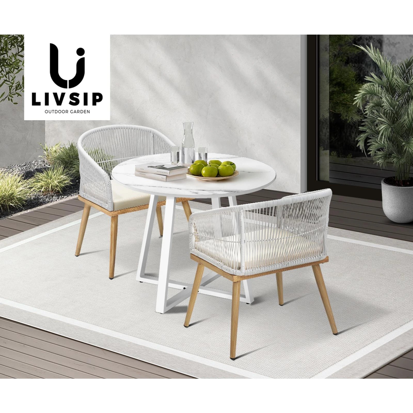4 Livsip Outdoor Dining Marble Table Patio Furniture Sintered Stone Top 90cm
 - White, 4 of 10