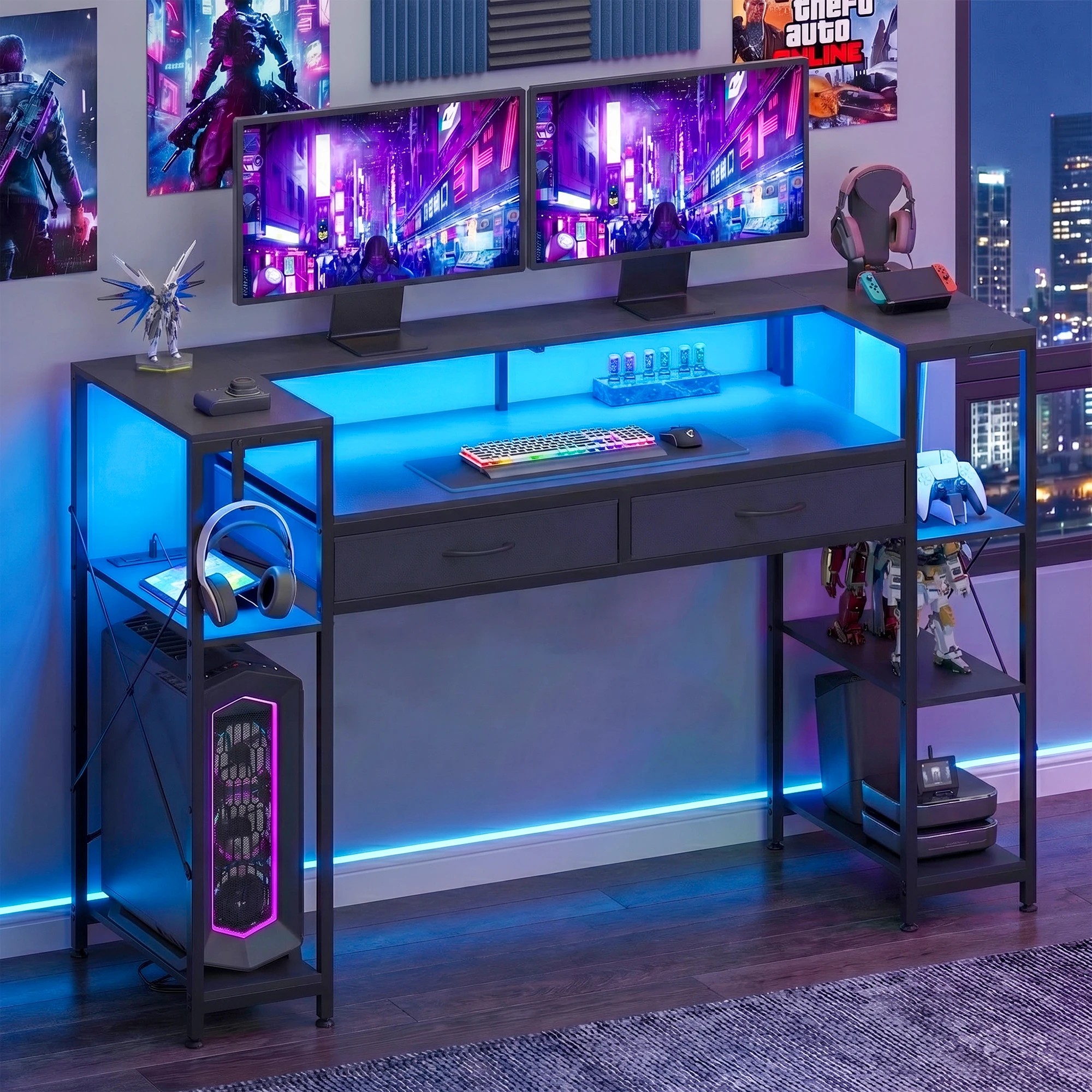 4 Advwin LED Gaming Desk w/ Monitor Stand & Power Outlets  Computer Table w/ Shelf hook - Black, 4 of 9