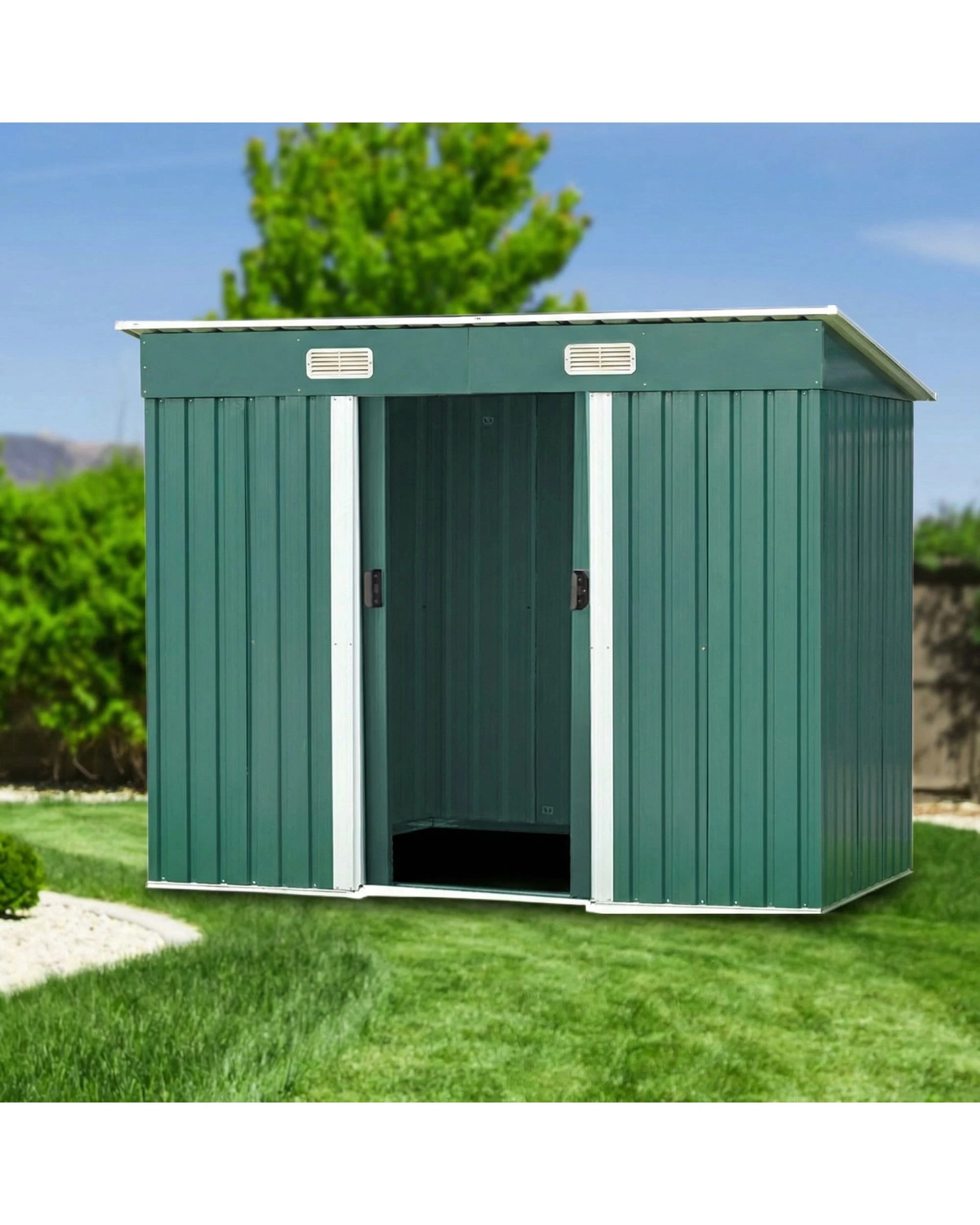3 Wallaroo 4ft x 8ft Garden Shed Flat Roof Outdoor Storage Tool Sloped Workshop - Green, 3 of 8