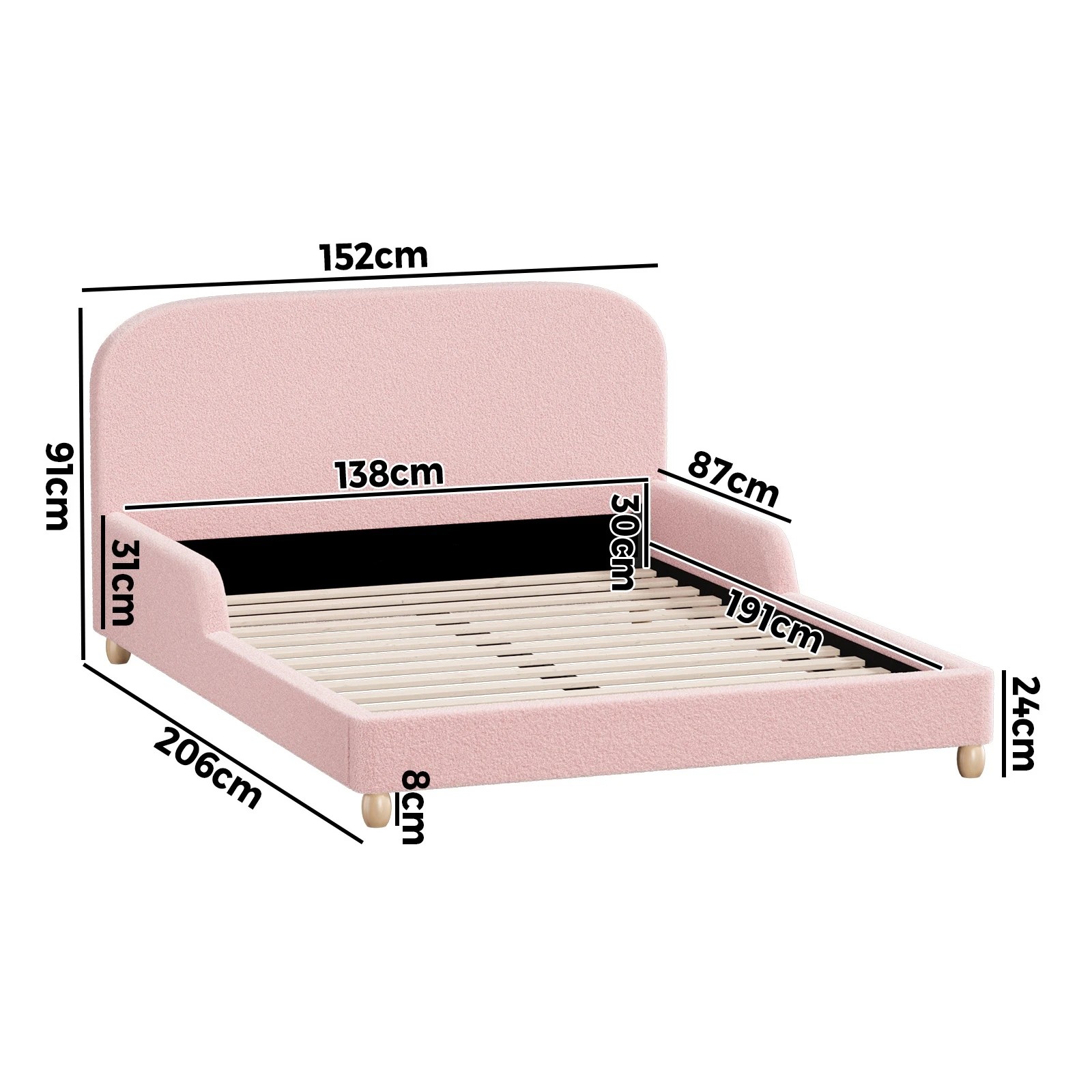 2 Oikiture Kids Bed Frame Double Size With Side Guard Rails Boucle - Pink, 2 of 7