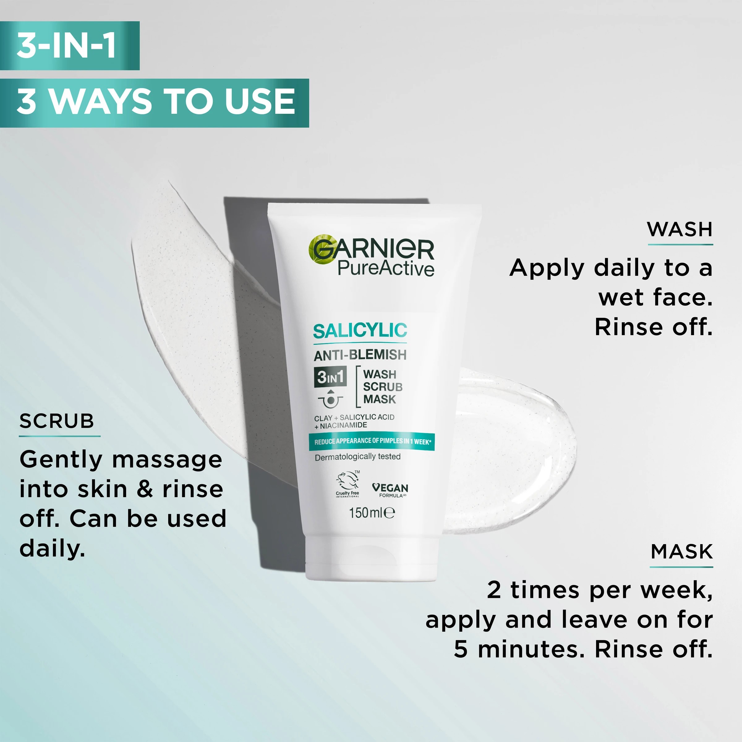 2 Garnier SkinActive PureActive 3-in-1 Anti-Spot Wash, Scrub and Mask 150ml - Clay and Niacinamide, 2 of 4