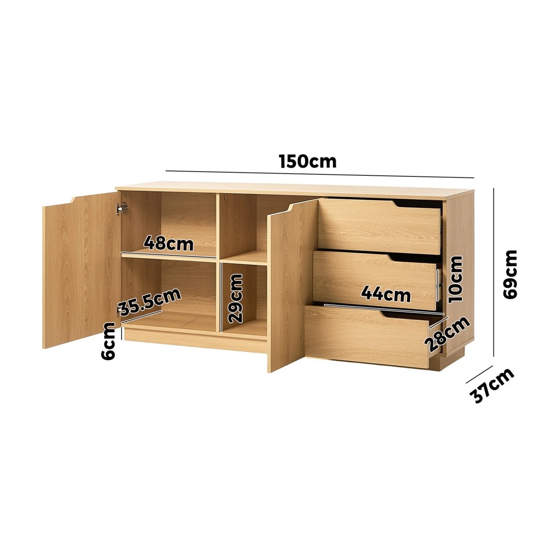 2 Oikiture Buffet Sideboard Storage Cabinet 3 Drawers - Natural, 2 of 7