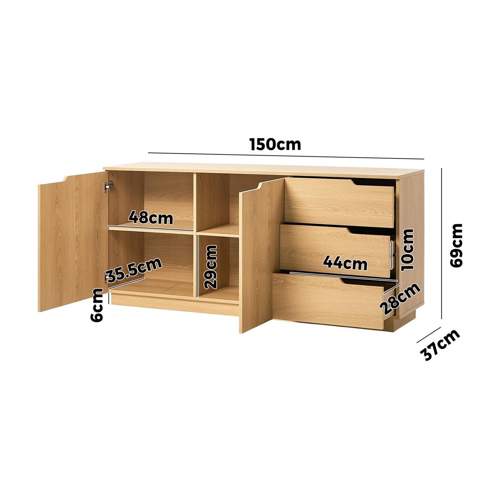 2 Oikiture Buffet Sideboard Storage Cabinet 3 Drawers - Natural, 2 of 7
