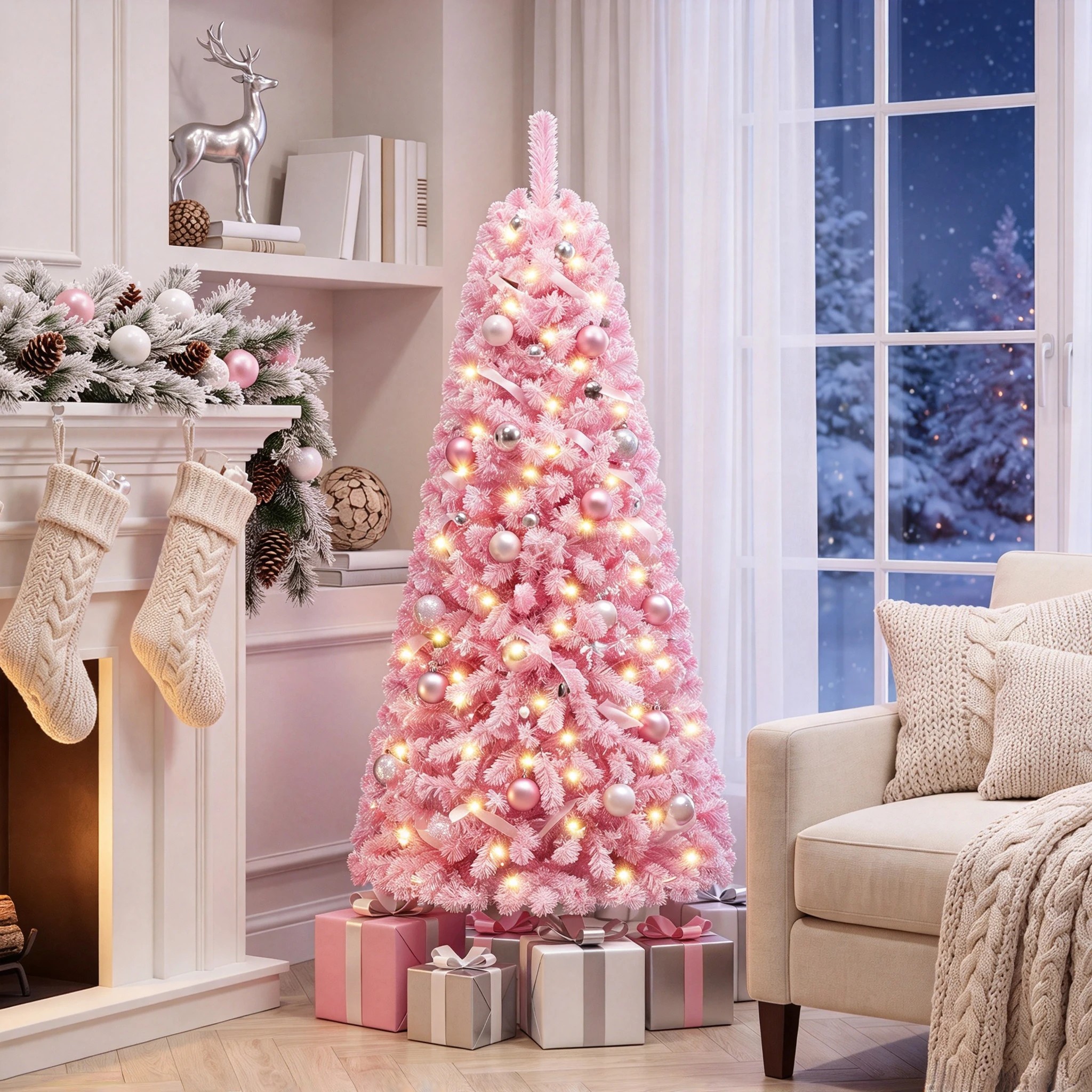 6 Costway 150cm Flocked Fir Christmas Tree Pink Artificial Xmas Tree w/160 LEDs, 6 of 6