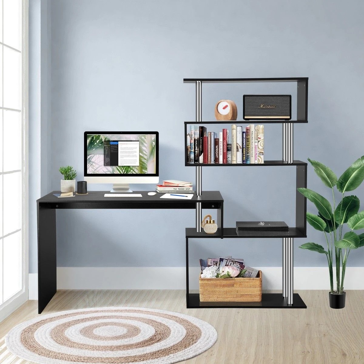 4 AUSWAY Home Office Computer Desk Corner Table Tier Bookshelf Storage L-Shaped Rotating Table Black, 4 of 7