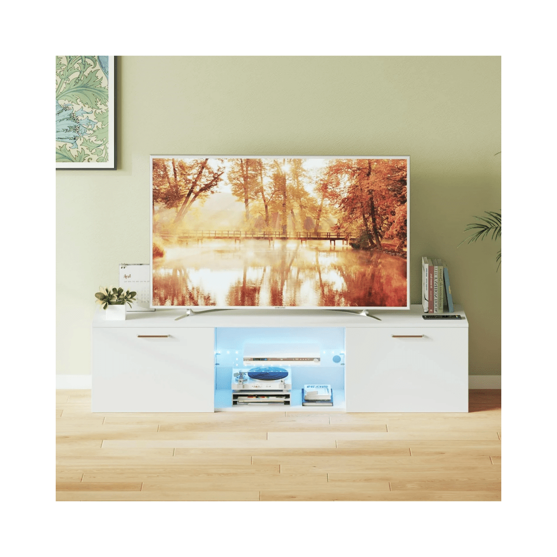 9 Advwin Tv Cabinet 160cm Led Entertainment Unit Stand Glass Shelf White, 9 of 10