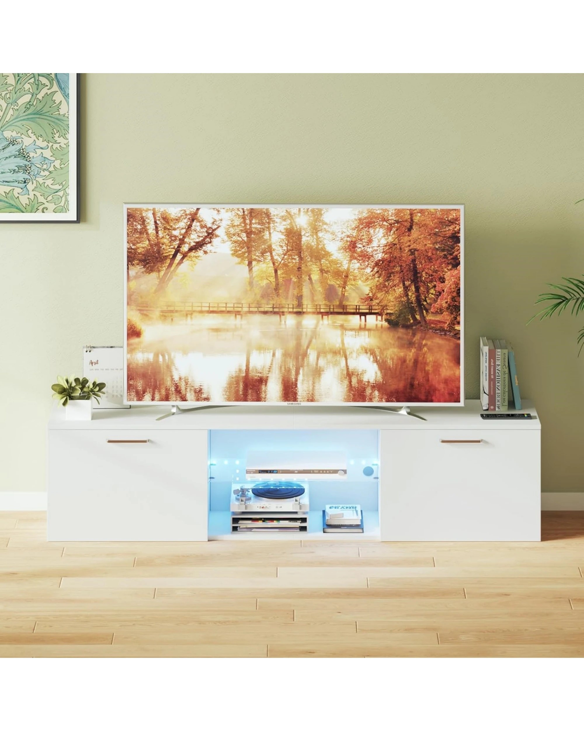 8 Advwin Tv Cabinet 160cm Led Entertainment Unit Stand Glass Shelf White, 8 of 9