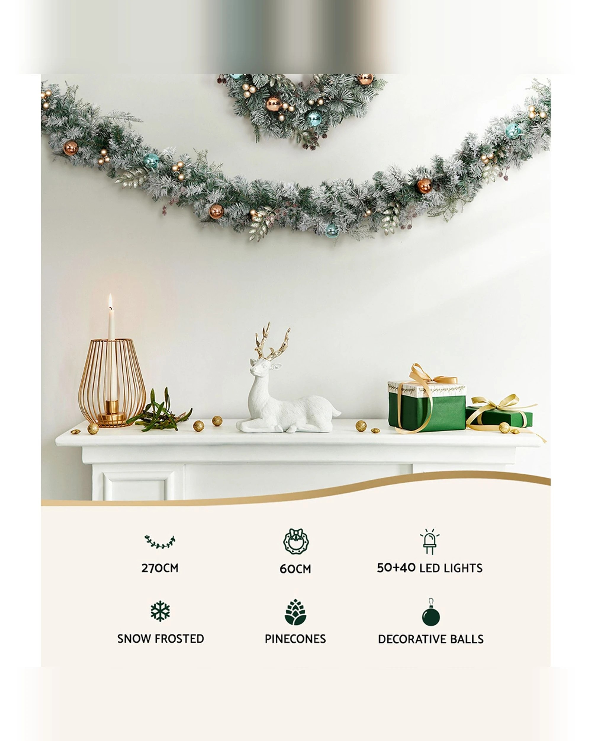 3 Jingle Jollys 2.7m Christmas Garland With Wreath Set Led Lights Snowy Xmas Decor
 - Green, 3 of 3