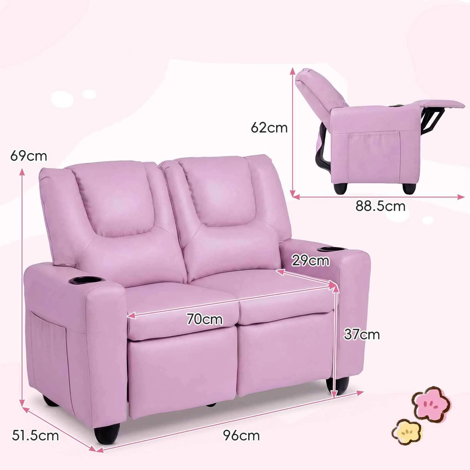 2 Costway 2-Seater Recliner Chair Double Sofa Adjustable Couch PU Leather - Pink, 2 of 3