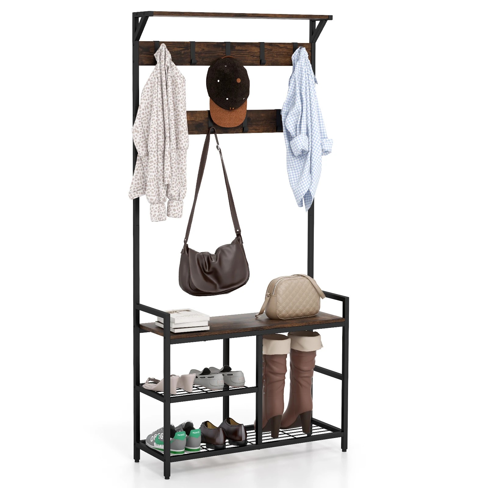 10 Costway 3-in-1 Coat Rack Clothes Stand Storage Rack Garment w/Shoe Bench, 10 of 10