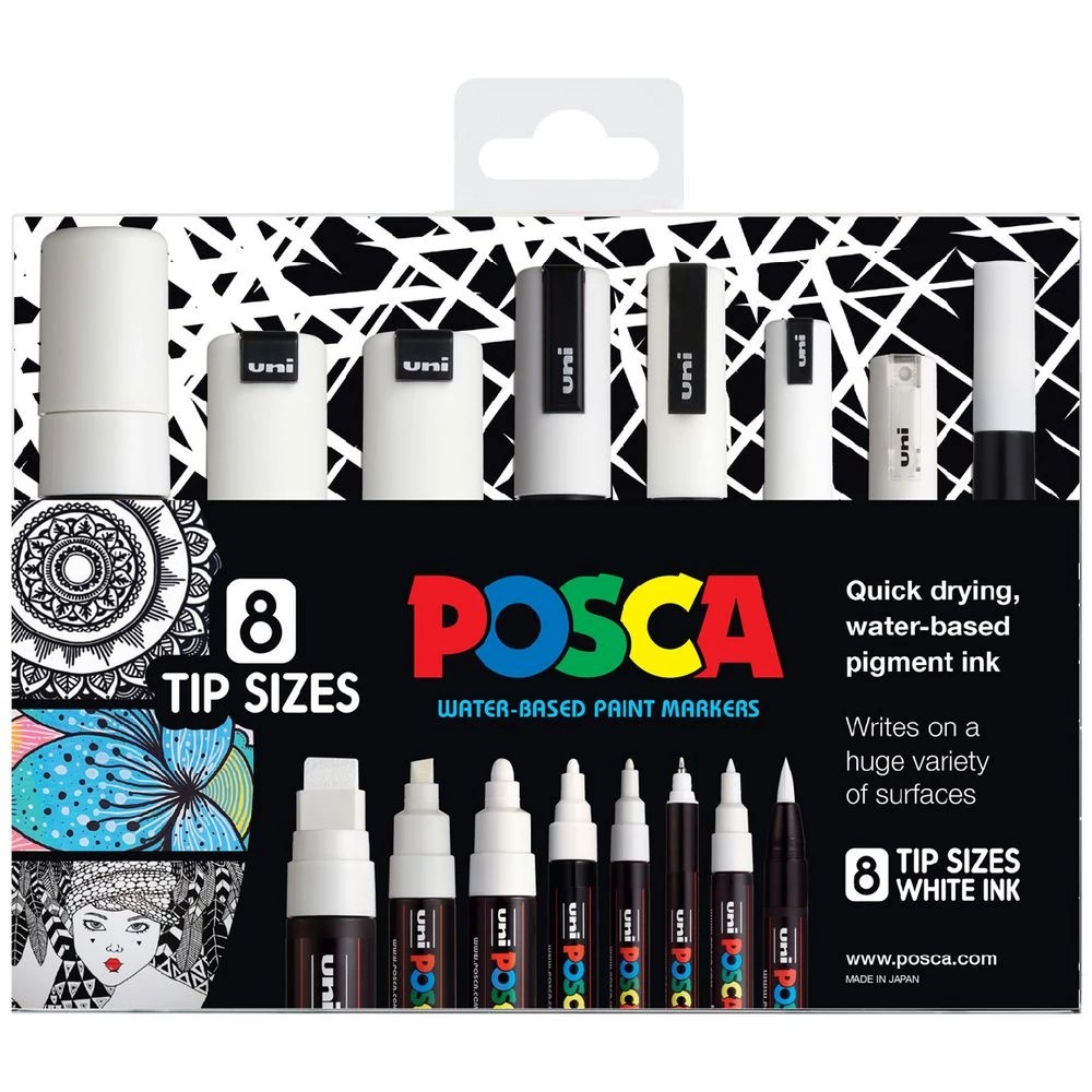 1 POSCA Paint Markers Assorted Tip Sizes White 8 Pack, 1 of 4