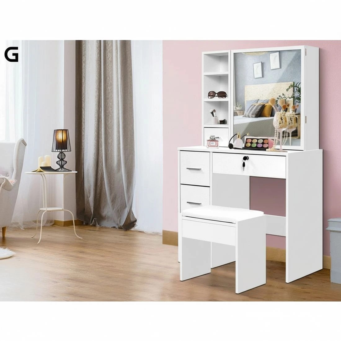 6 Artiss Dressing Table Stool Set Sliding Mirror - White, 6 of 8