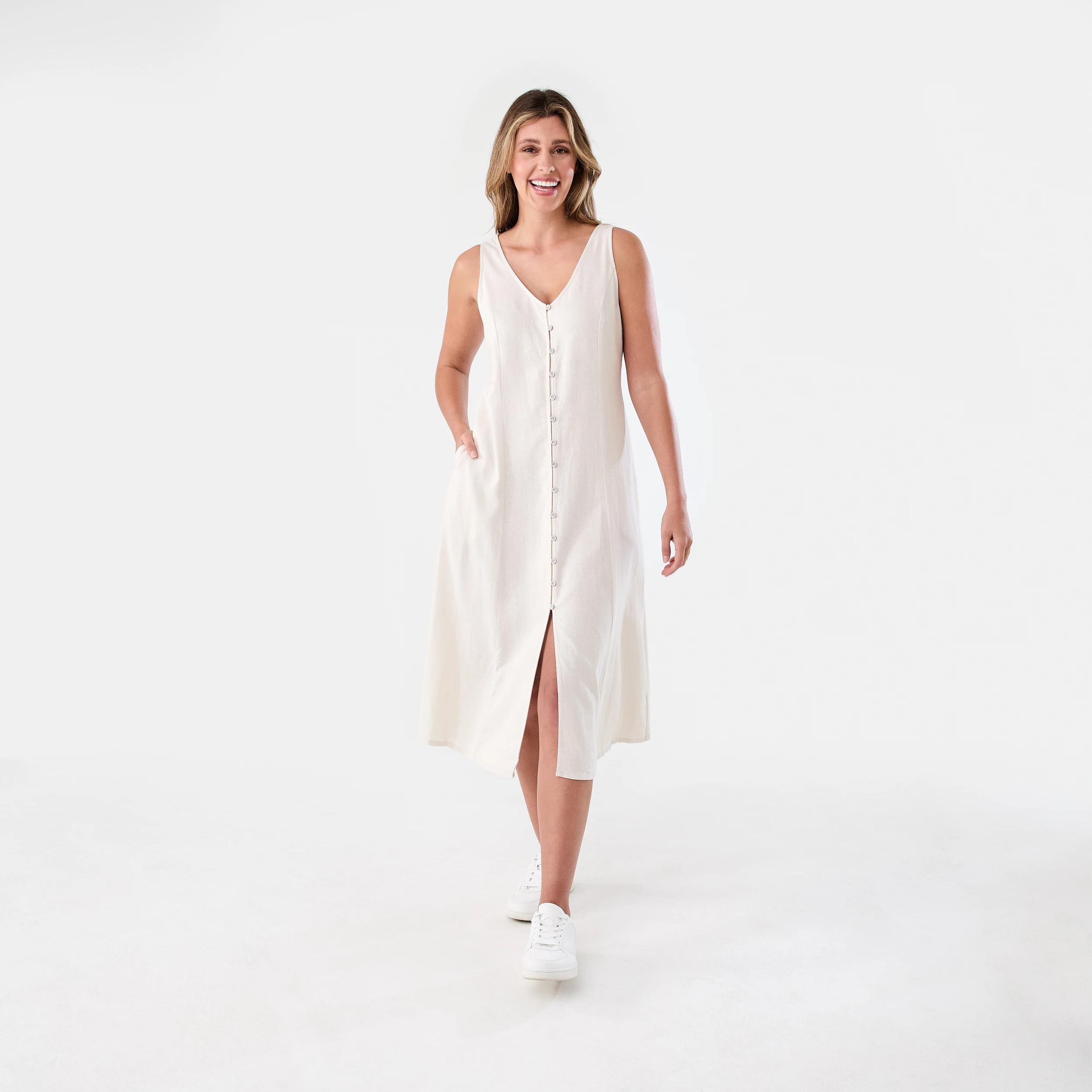 1 Sleeveless Button Front Linen Blend Midi Dress Nat Beige, 1 of 9