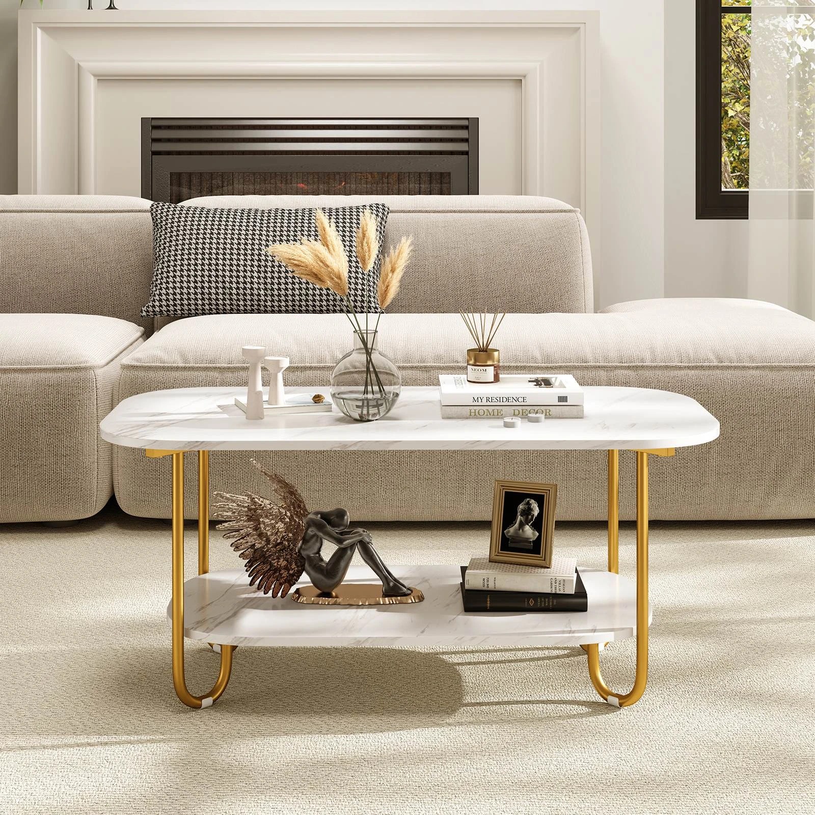 4 Costway 2-Tier Faux Marble Coffee Table Metal Side Table w/Storage Shelf, 4 of 5