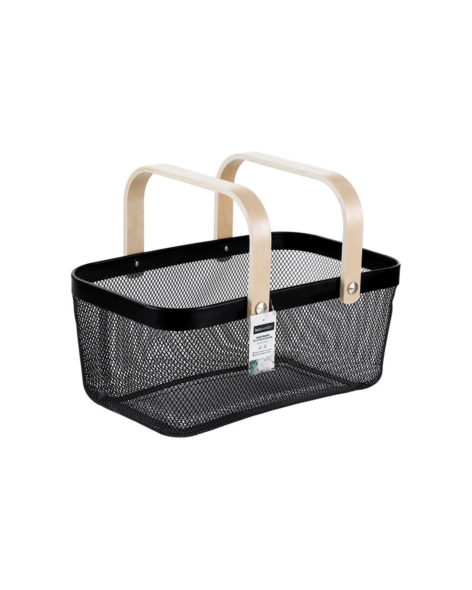 2 Boxsweden 40x25x17cm Mesh Storage Basket With Birch Wooden Handle - Black, 2 of 3