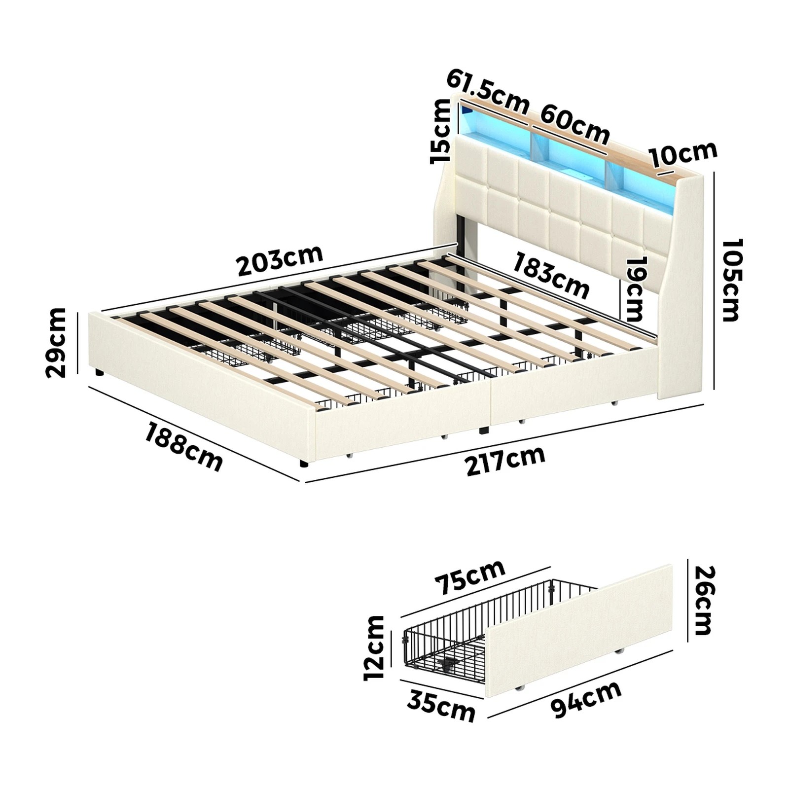 2 Oikiture King Size Bed Frame Headboard RGB Lights with Drawer USB Charge - Beige, 2 of 6