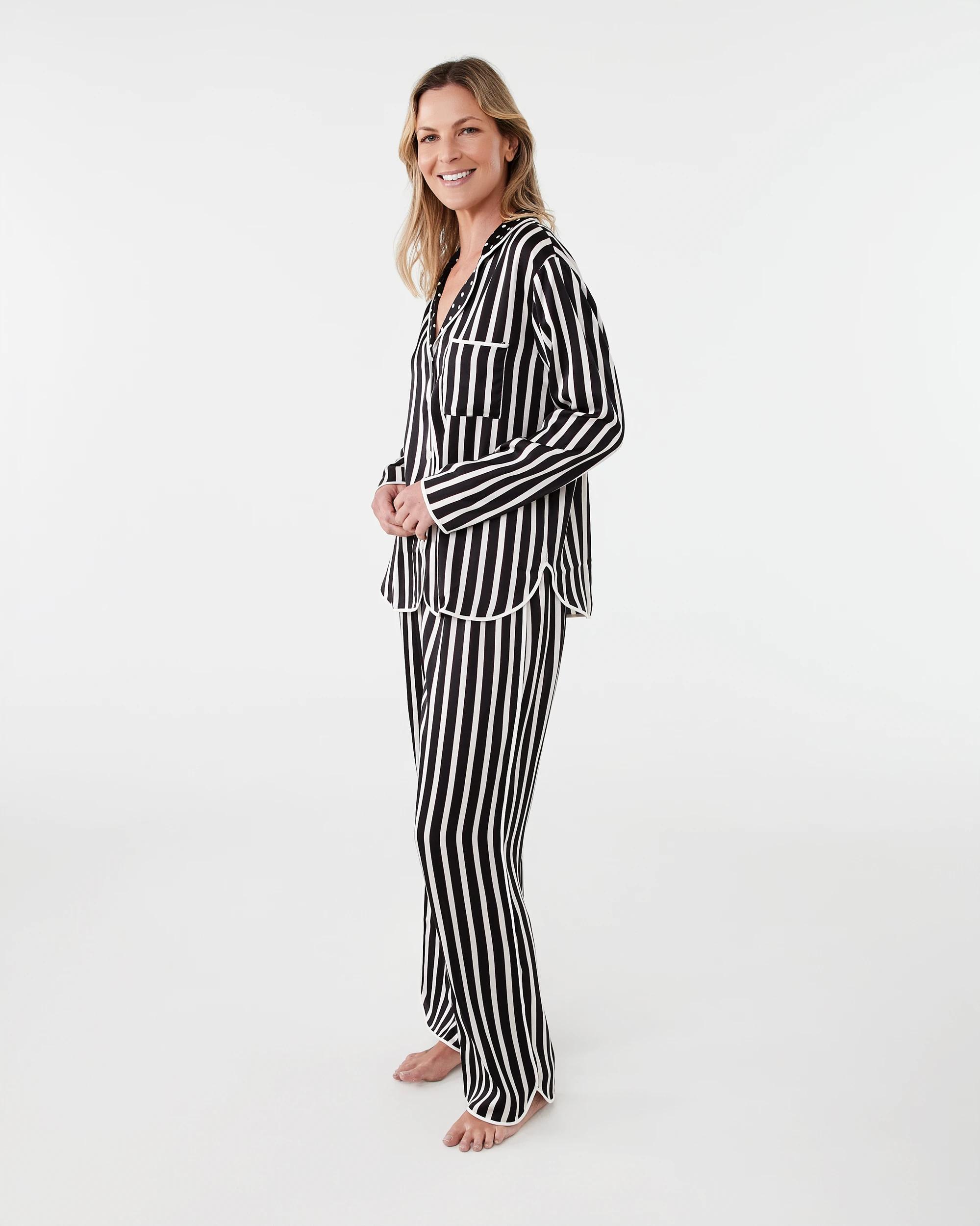 2 Matte Satin Long Sleeve Top and Pants Pyjama Set Mono Strp, 2 of 7