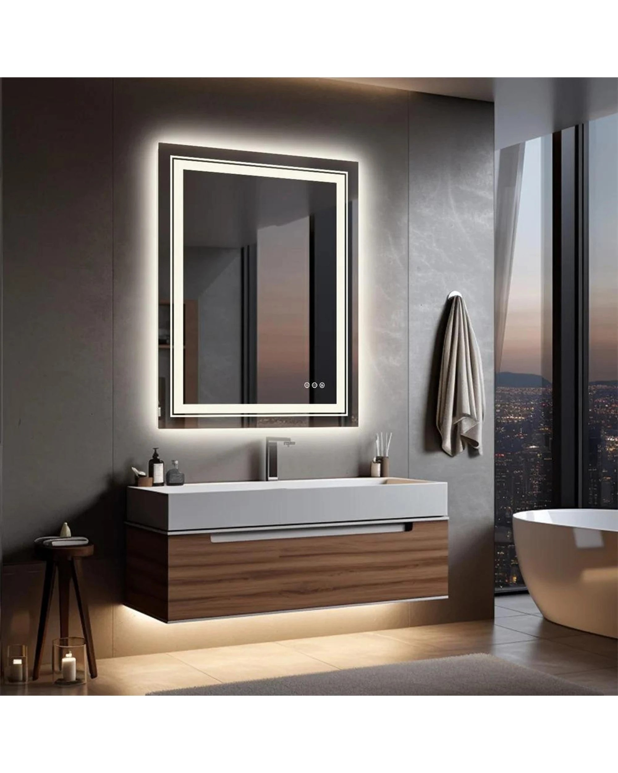 2 OAKORY 60x80cm Rectangular LED Smart Bathroom Mirror Front and Backlit Anti-Fog Dimmable, 2 of 4