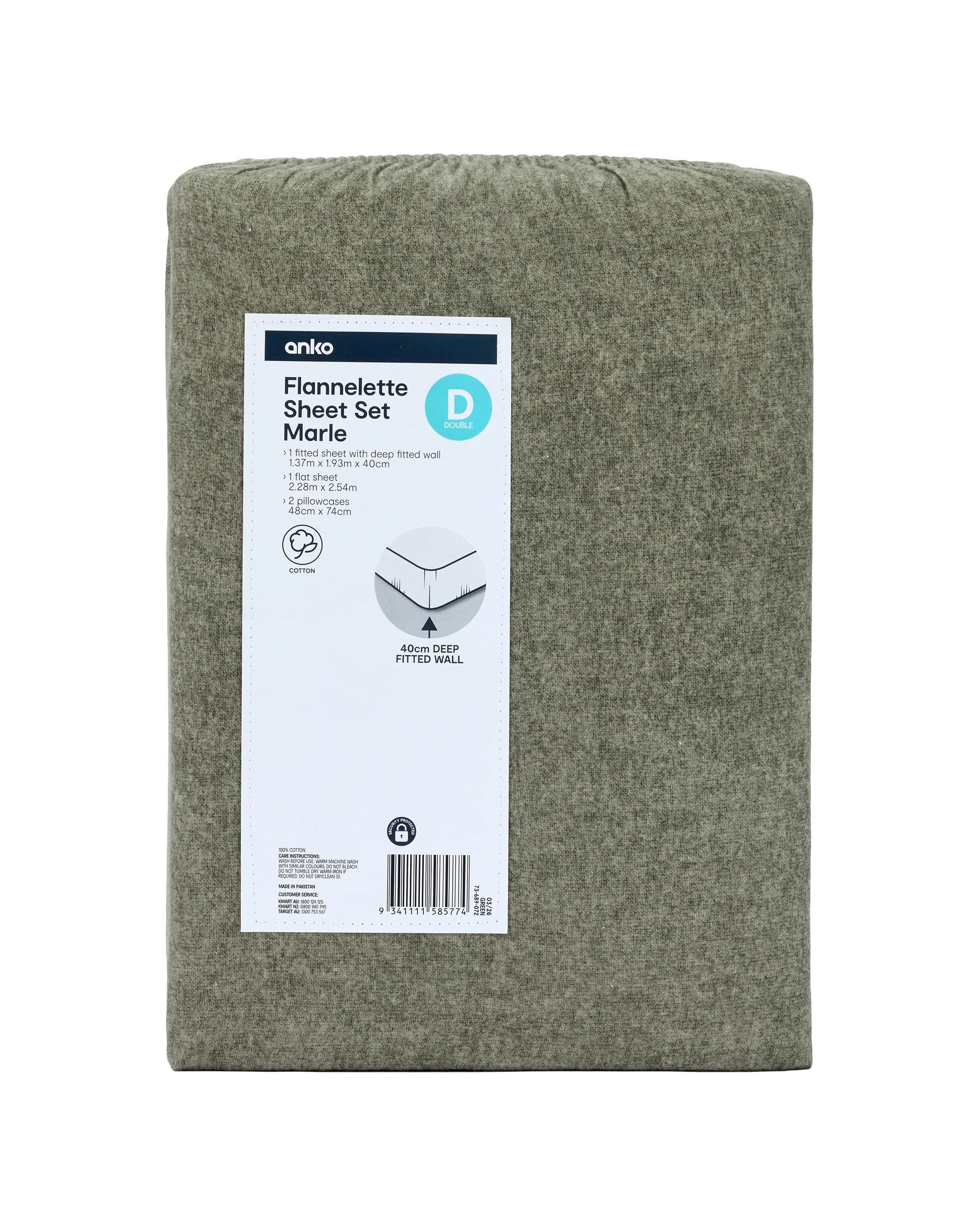 7 Marle Cotton Flannelette Sheet Set - Double Bed, Green, 7 of 7