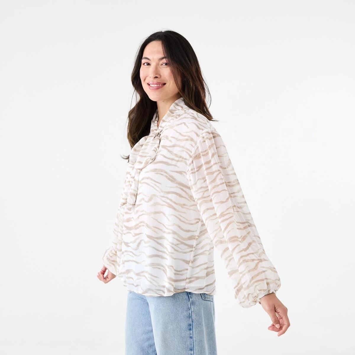 2 Long Sleeve Neck Tie Blouse Sft Zebra, 2 of 6