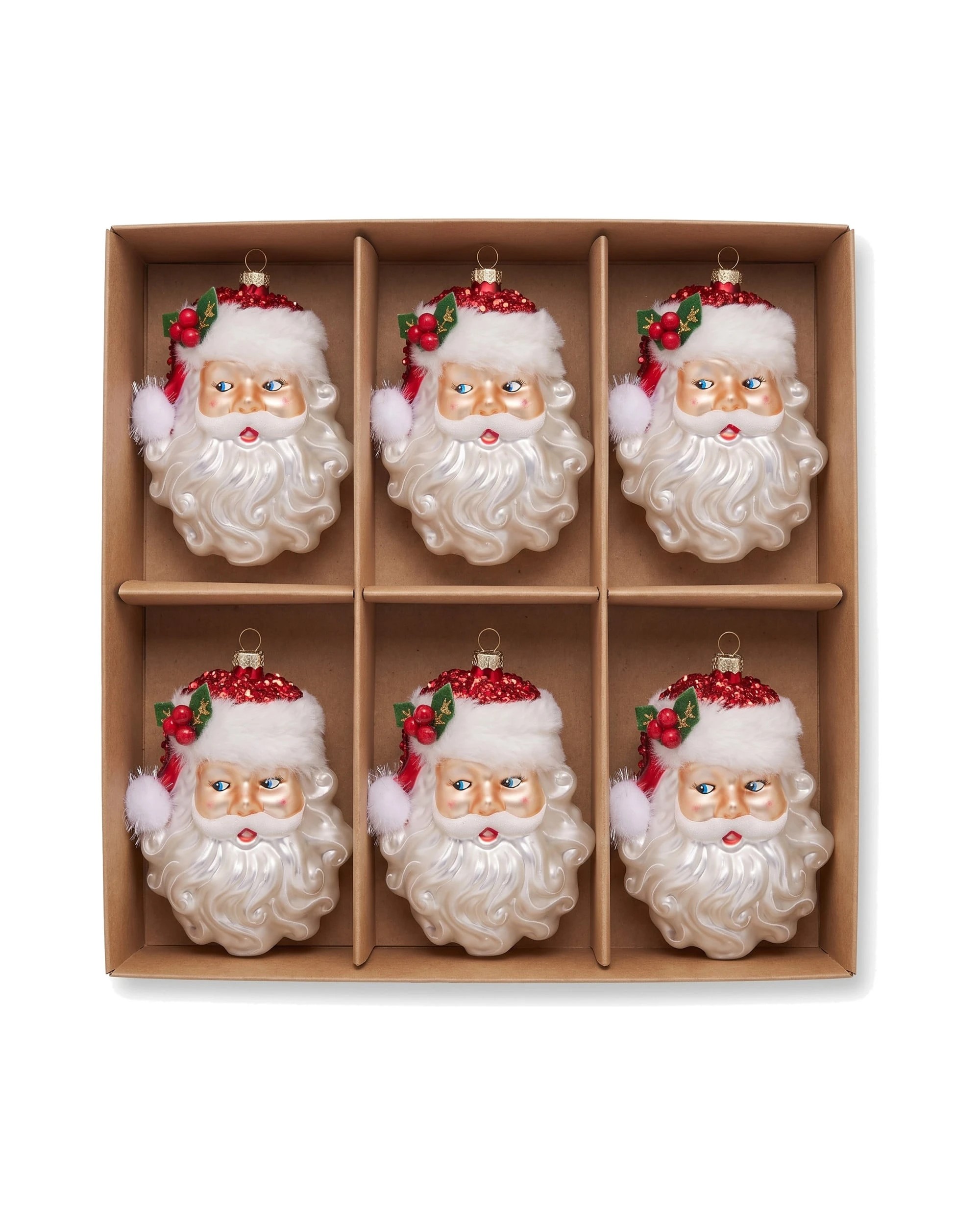 3 Christabelle Set of 6 Glass Santa Head Christmas Baubles, White Fur Trim, 13 cm - White, 3 of 7