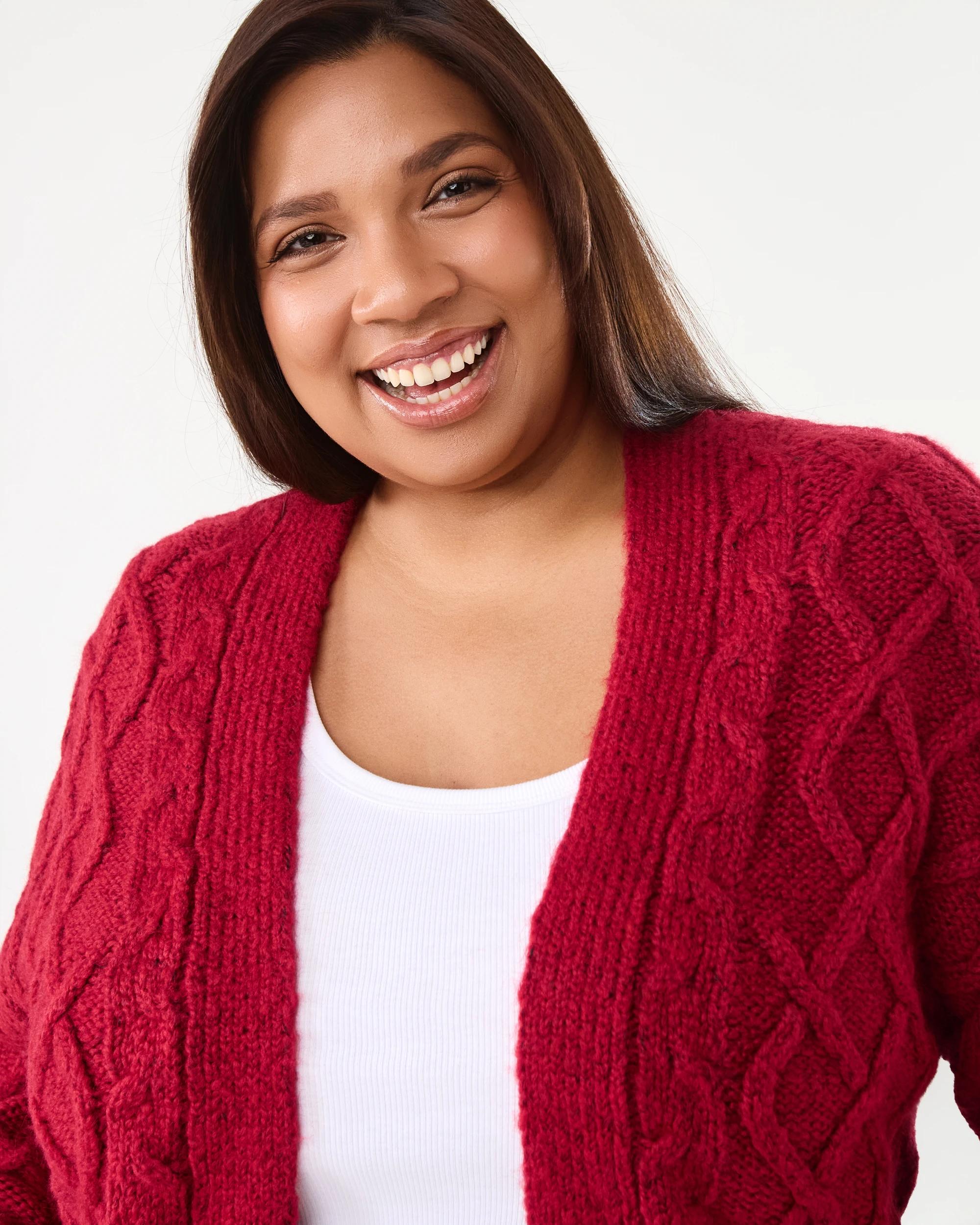 4 Curve Cable Knit Cardigan Spice Red, 4 of 8