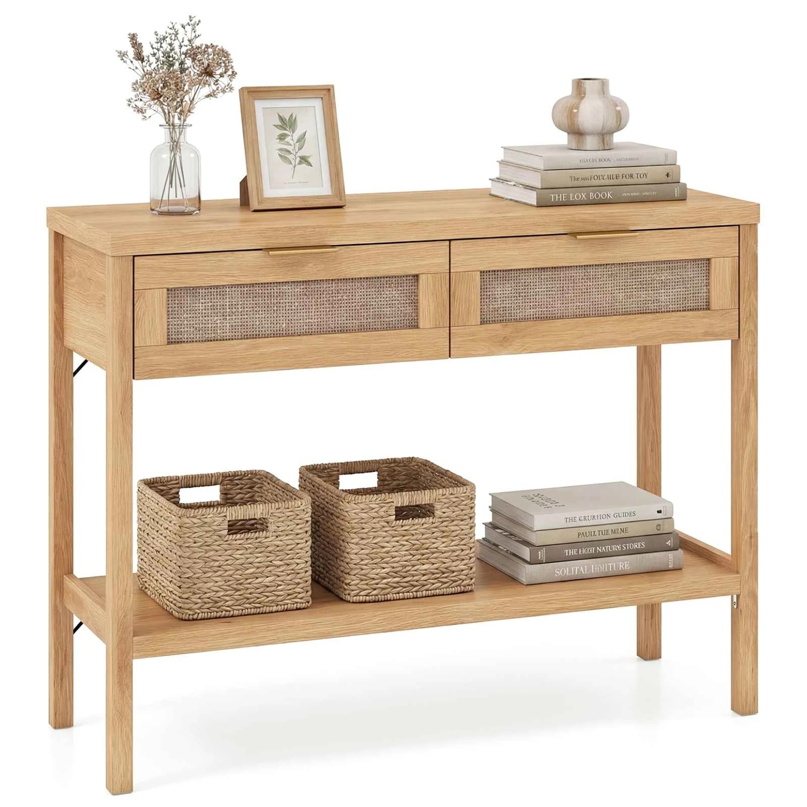 5 Costway Rattan Console Table Narrow Sofa Side Table w/2 Drawers, 5 of 6