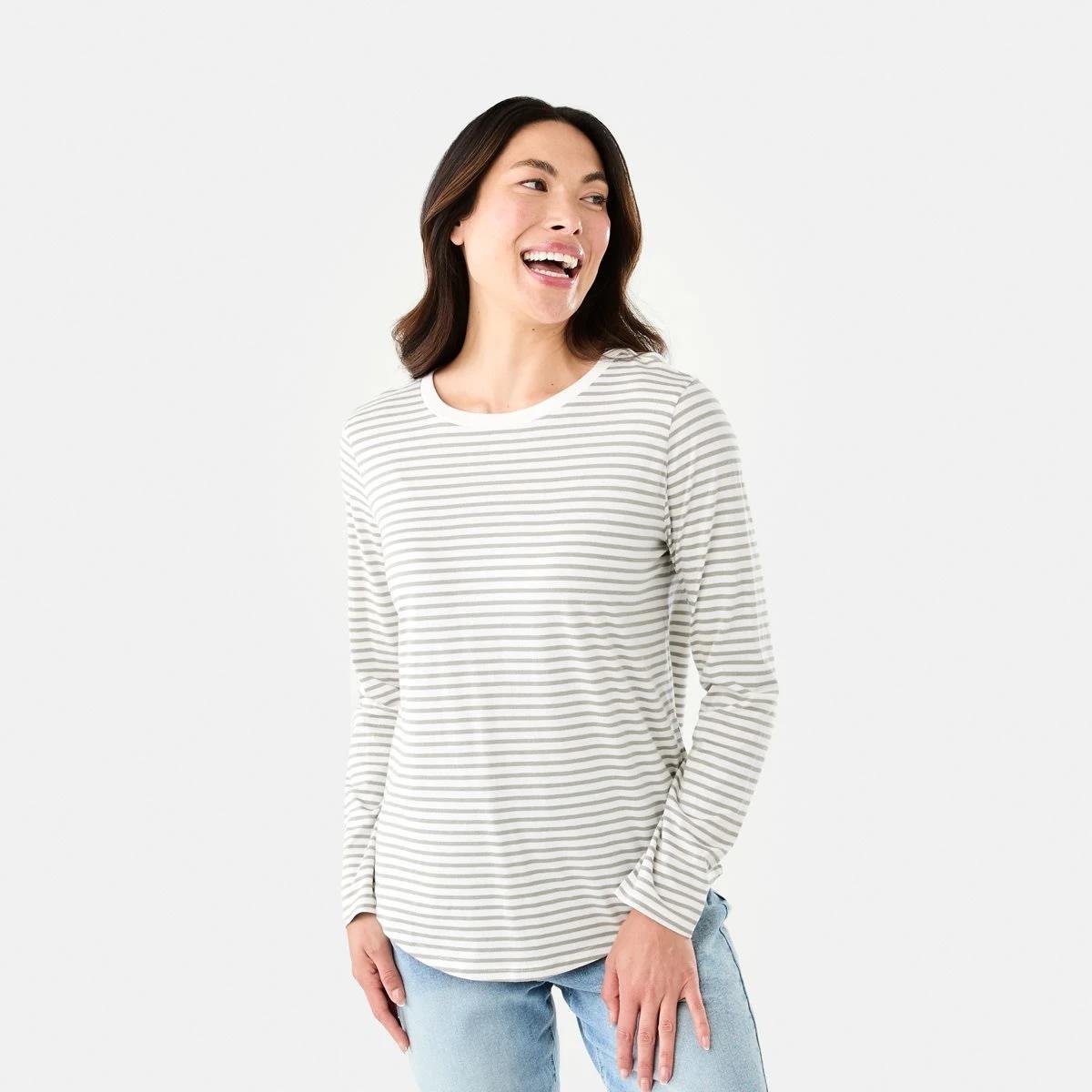 1 Long Sleeve Cotton Modal T-shirt 2 TONE STRIPE STRIPE SOFT KHAKI, 1 of 6