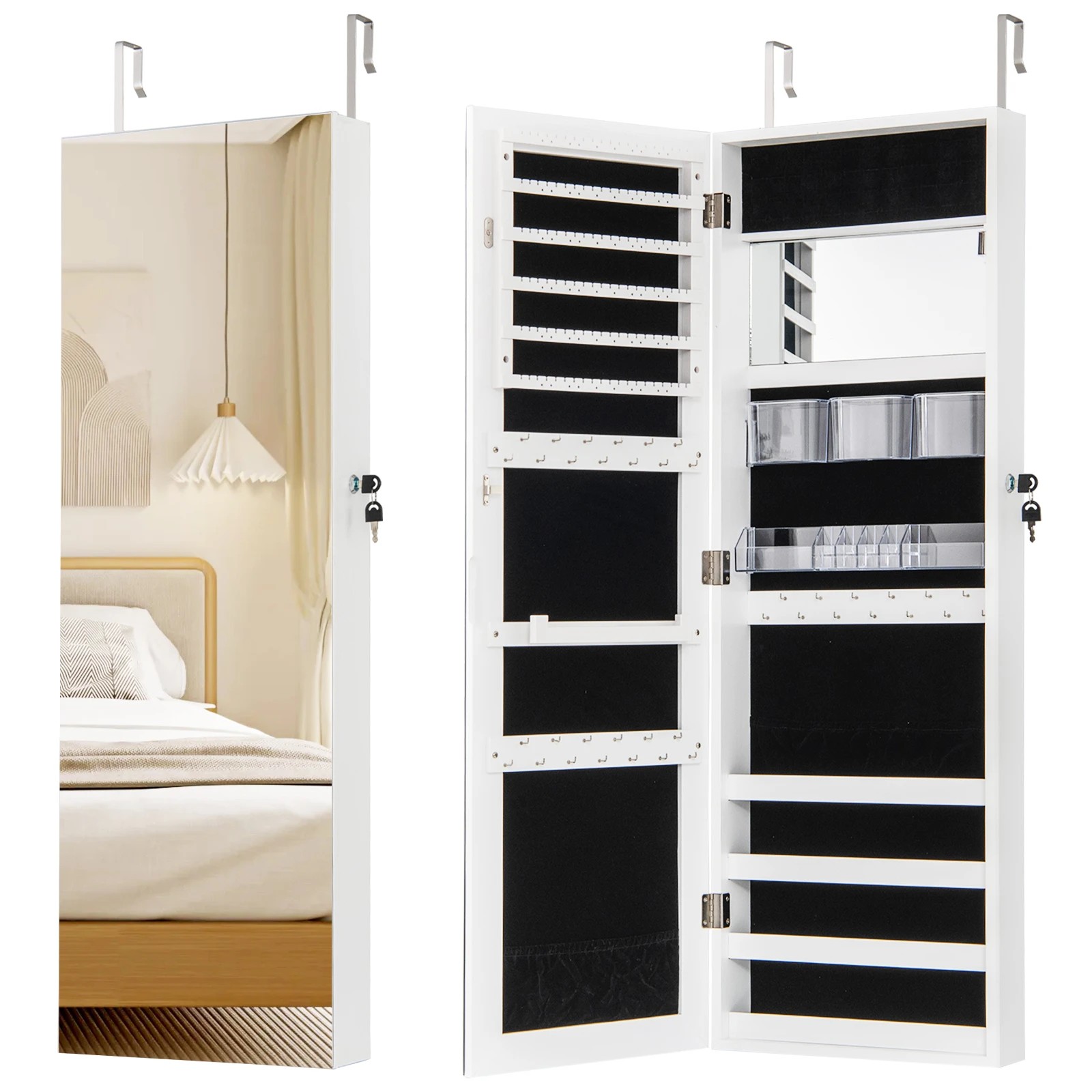 1 Costway 110cm Mirror Jewelry Cabinet Armoire Wall/Door Mounted Jewelry Box Organizer - White, 1 of 3