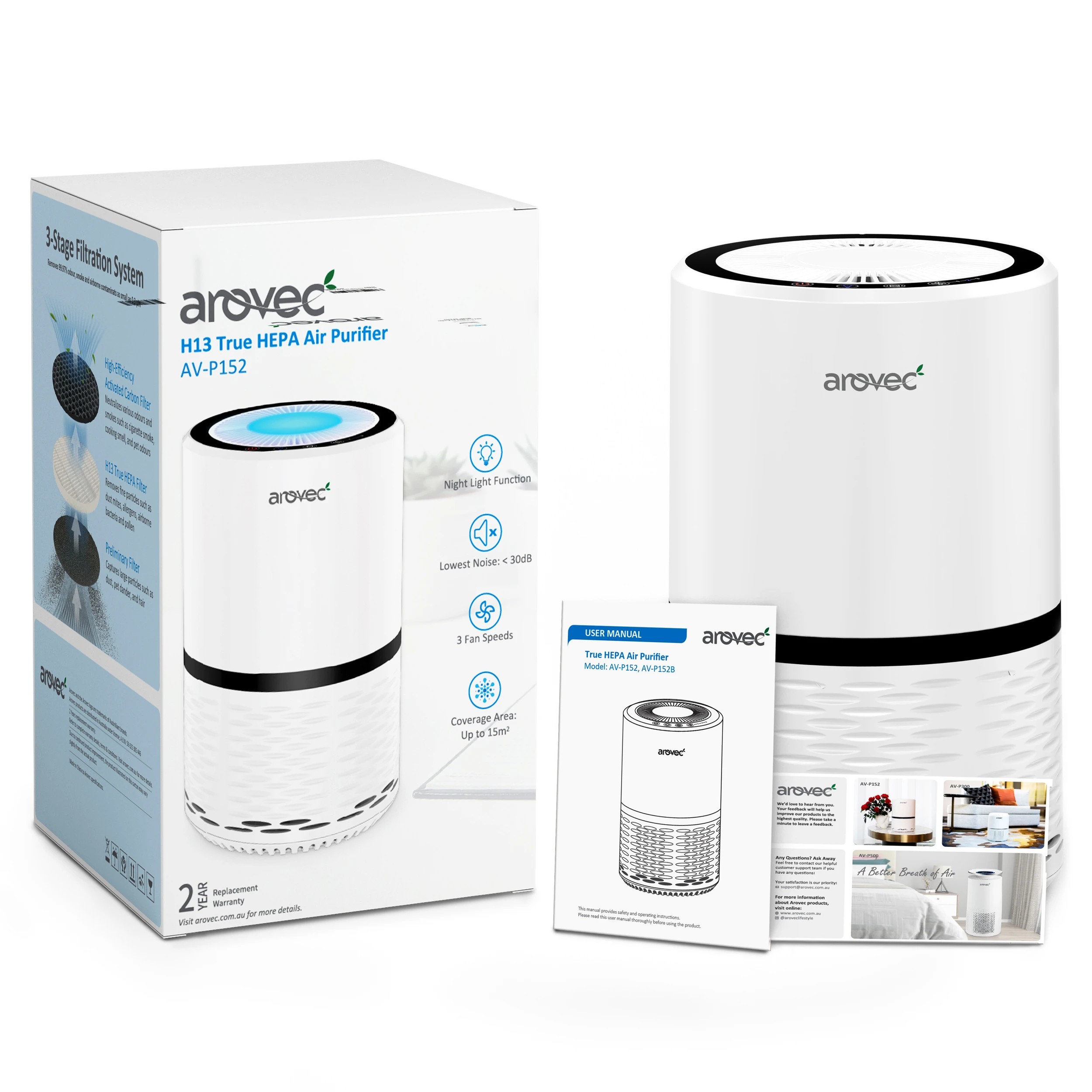 2 Arovec Air Purifier H13 True HEPA Air Filter for Home and Bedroom White, 2 of 4