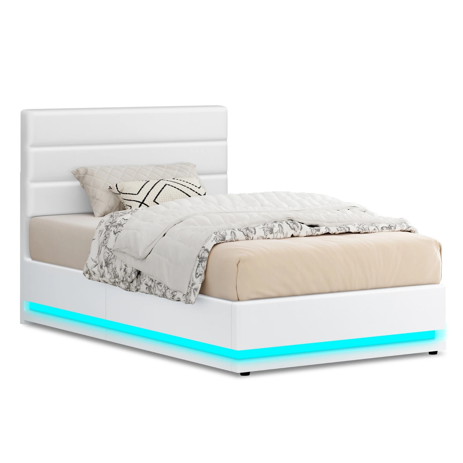 1 Alfordson Bed Frame Single Size Platform RGB LED Gas Lift Base Storage - White, 1 of 10