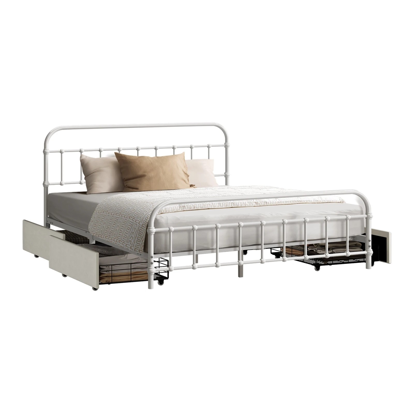 1 Oikiture Metal Bed Frame Queen Size Bed Base with 4 Drawers - White, 1 of 8