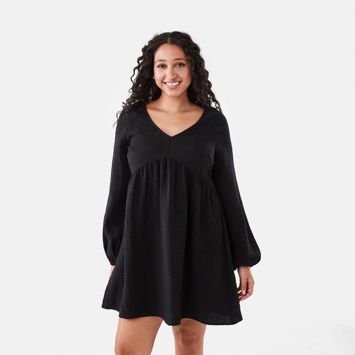 1 Long Sleeve Textured Smock Mini Dress Black, 1 of 7