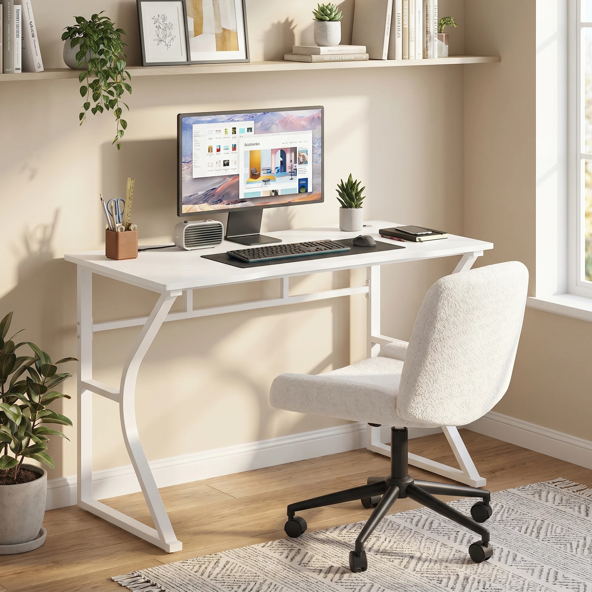 4 Advwin 120cm Computer Desk with Cable Holes, Home Office Desk with K-Shape Metal Legs, Spacious Workstation - White, 4 of 7
