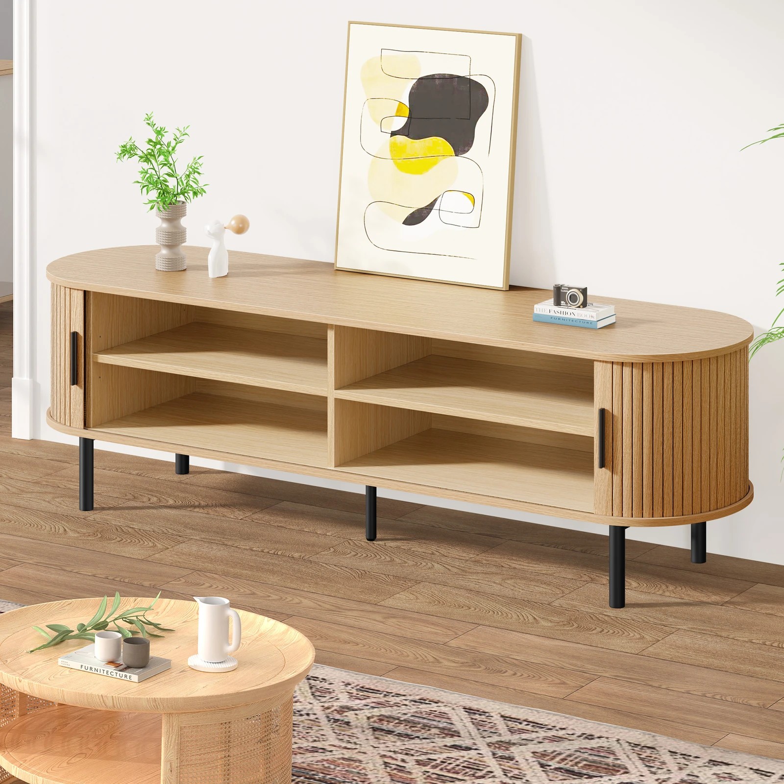 6 Alfordson TV Cabinet 160cm Entertainment Unit Stand Tambour Sliding Doors  - Oak, 6 of 10