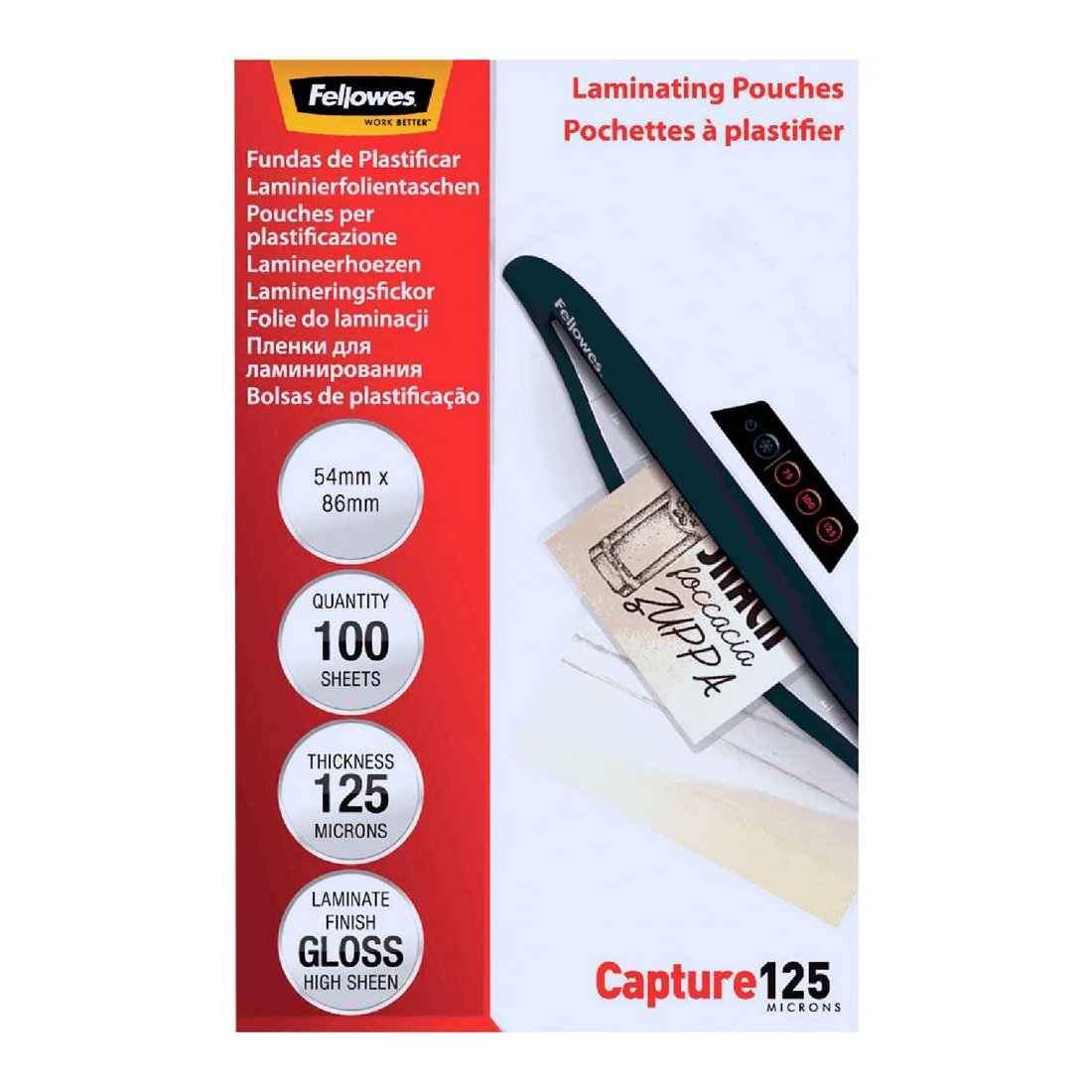 1 Fellowes Laminating Pouch 54 x 86mm 125 Micron Gloss 100 Pack, 1 of 5