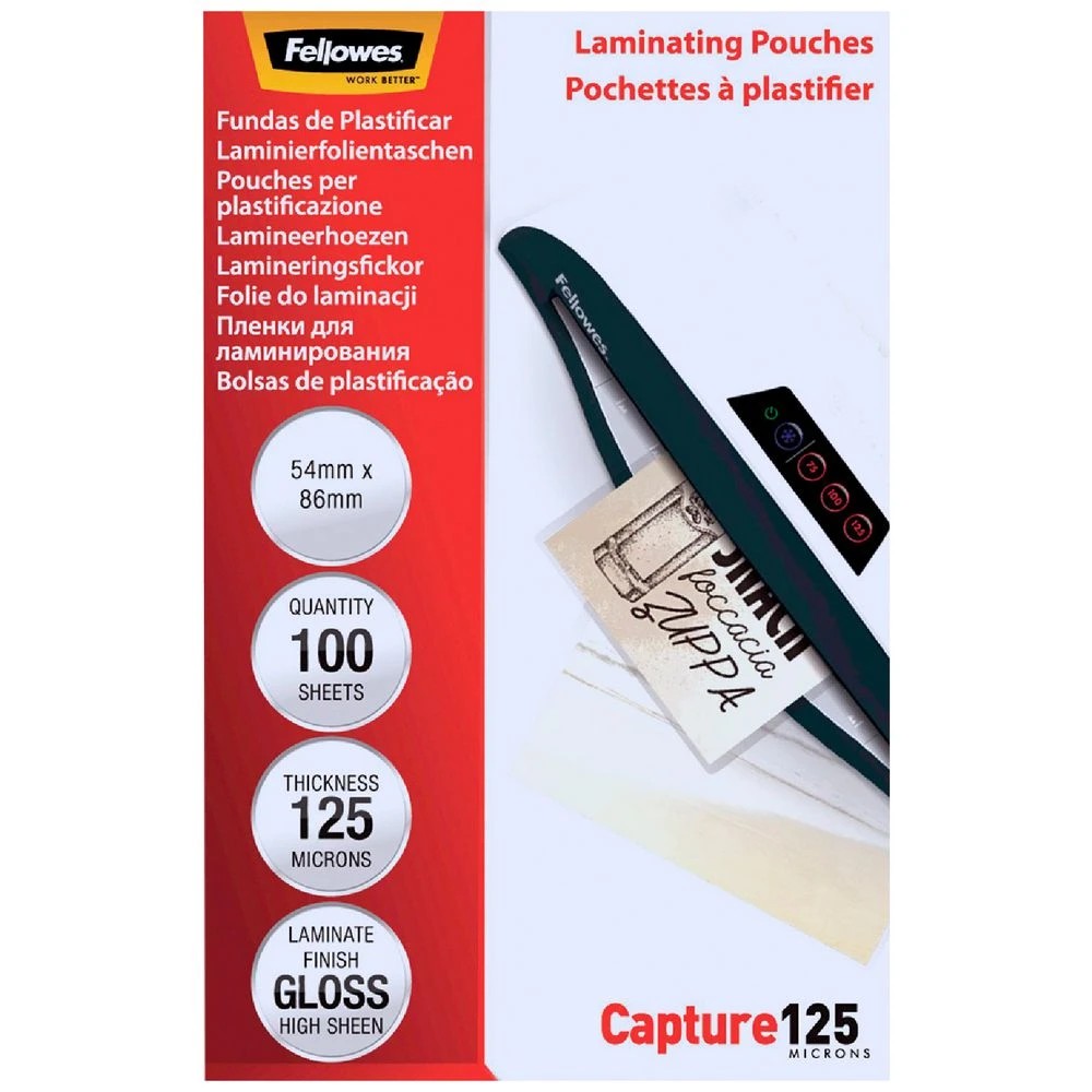 1 Fellowes Laminating Pouch 54 x 86mm 125 Micron Gloss 100 Pack, 1 of 5
