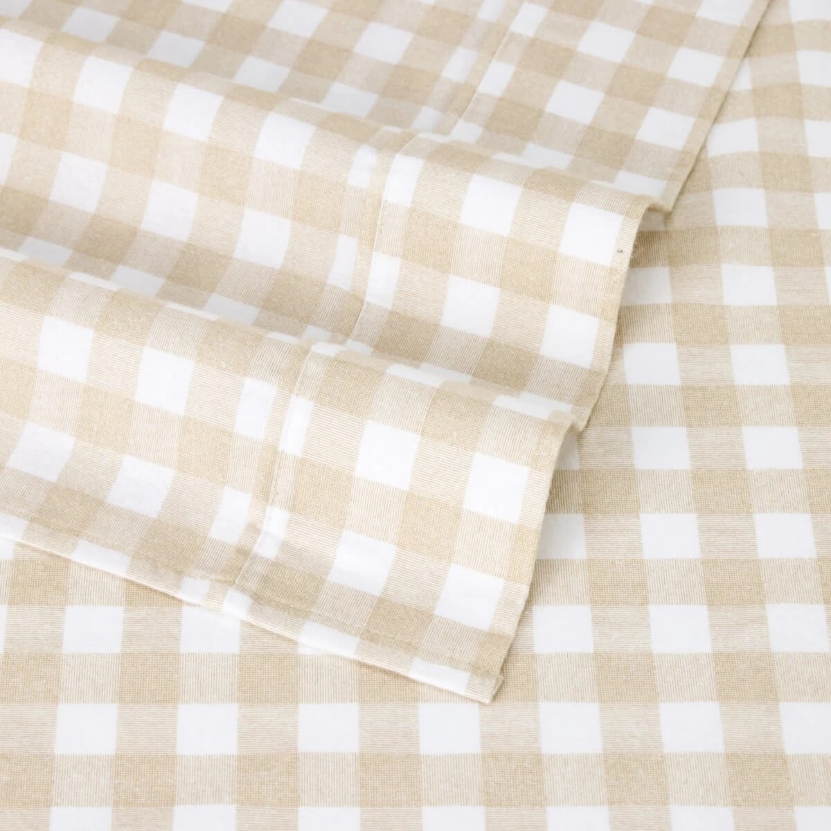 4 Gingham Cotton Flannelette Sheet Set - Double Bed, Tan, 4 of 7