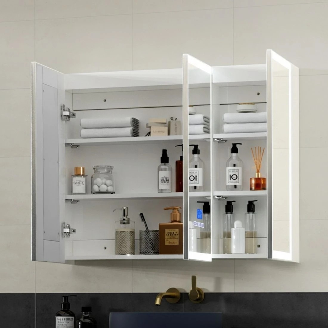 3 Bathroom Mirror Cabinet LED Light 900x720mm Medicine Wall Storage - White, 3 of 4