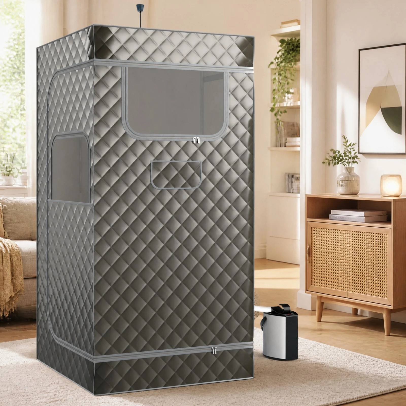 2 Costway Foldable Pop-Up Steam Sauna Tent Remote Control Sauna Tent w/3L Steamer/Foot Massager - Grey, 2 of 6