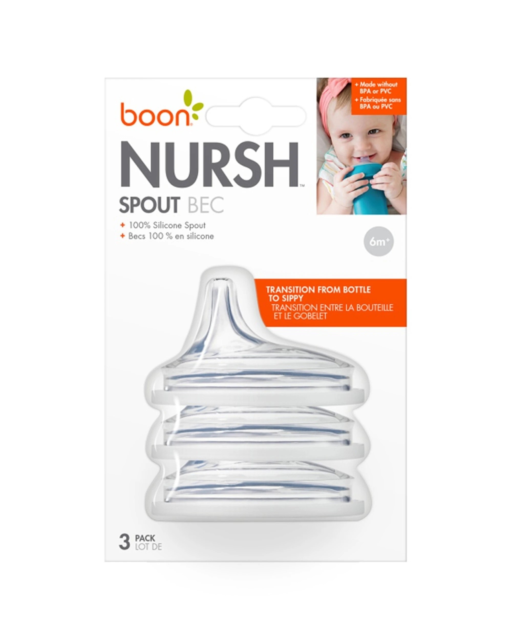 1 Boon 3pc Nursh Transitional Silicone Sippy Cup Spout Lid Baby Feeding Accessories - Clear, 1 of 1