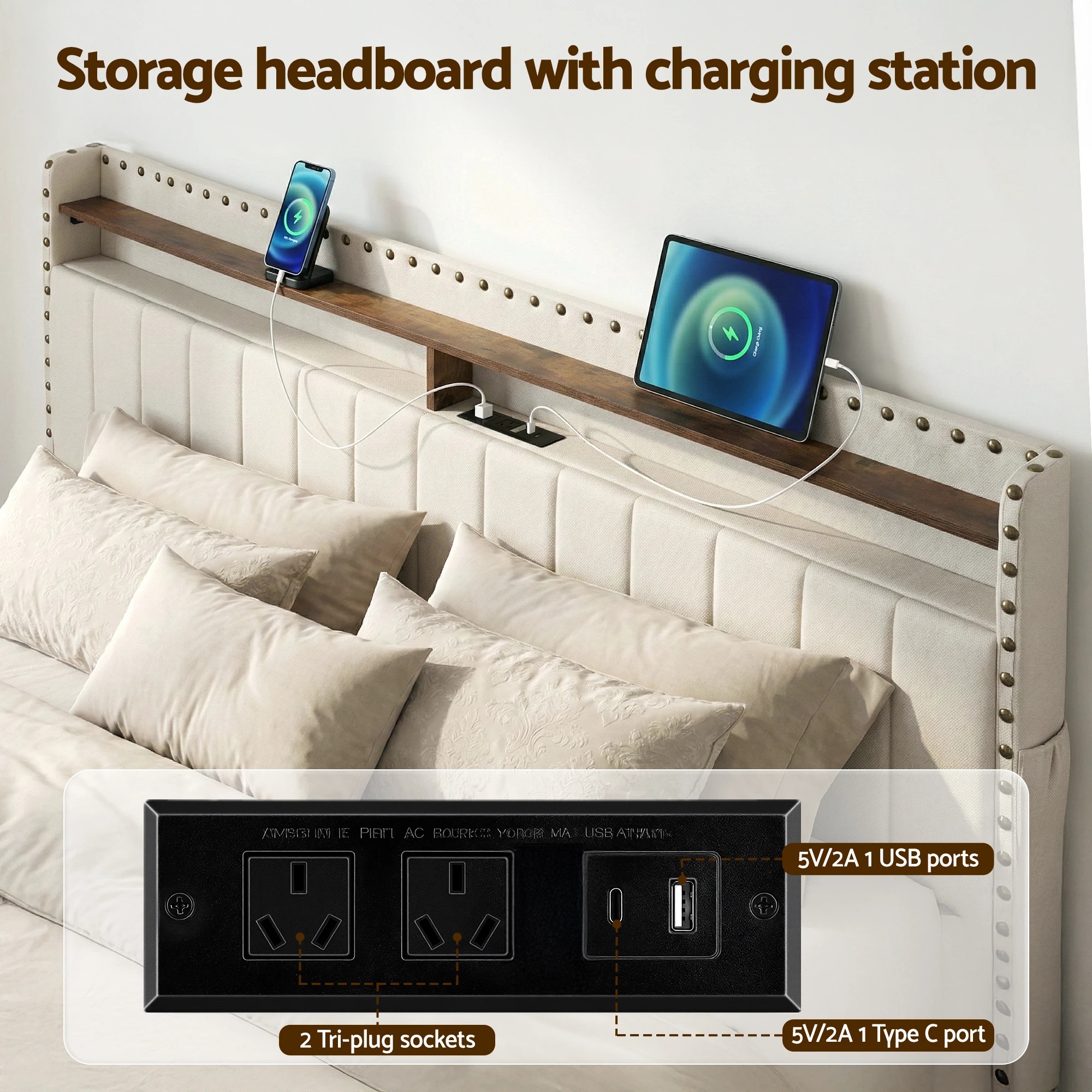 3 Artiss King Bed Frame with Shelf Storage Drawers Charging Station Mood Lighting Linen - Beige, 3 of 6