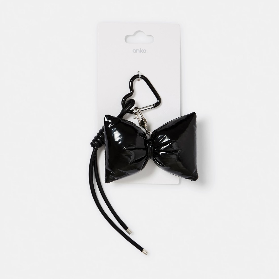 3 Puffy PU Bow Charm Keyring - Silver Tone and Black, 3 of 3