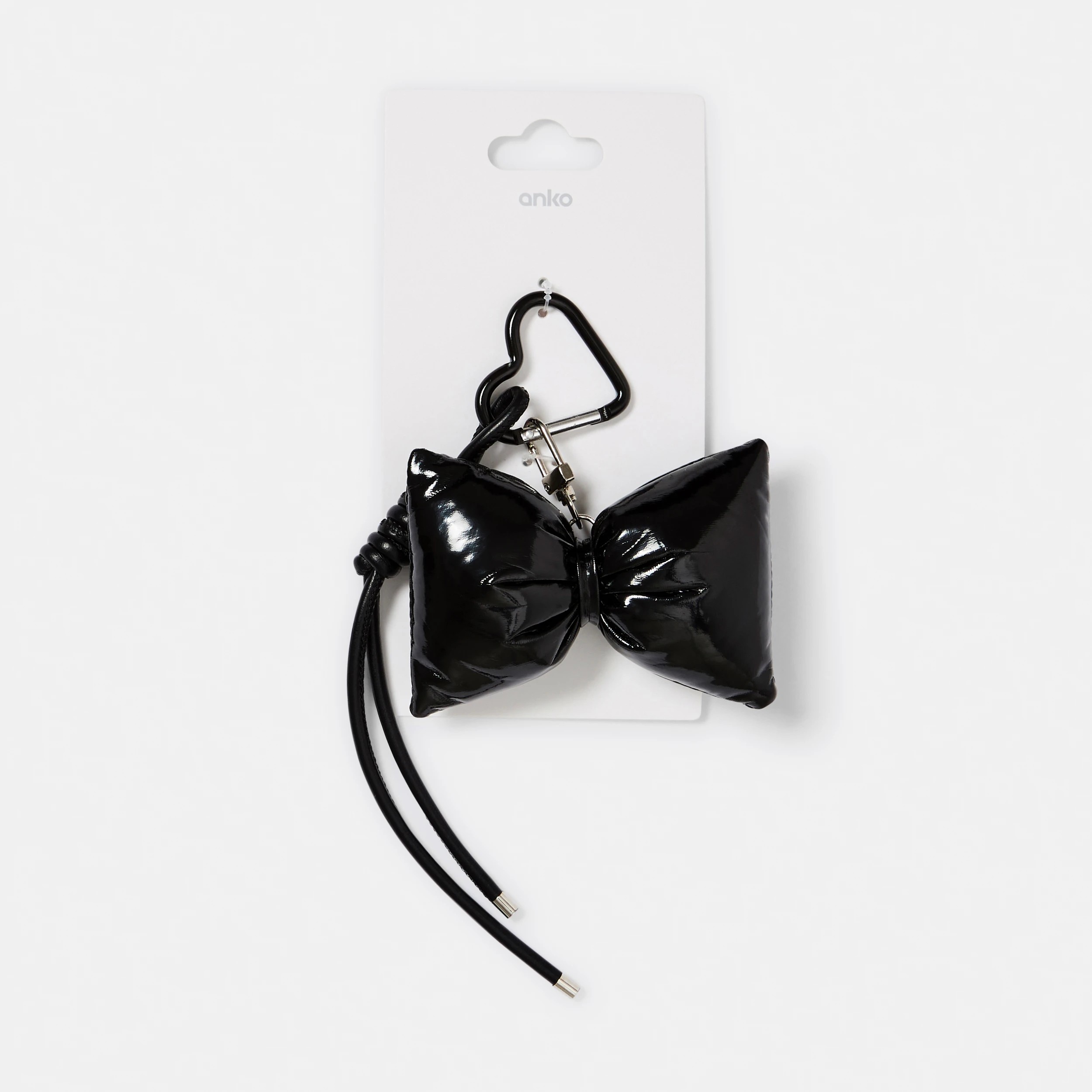 3 Puffy PU Bow Charm Keyring - Silver Tone and Black, 3 of 3