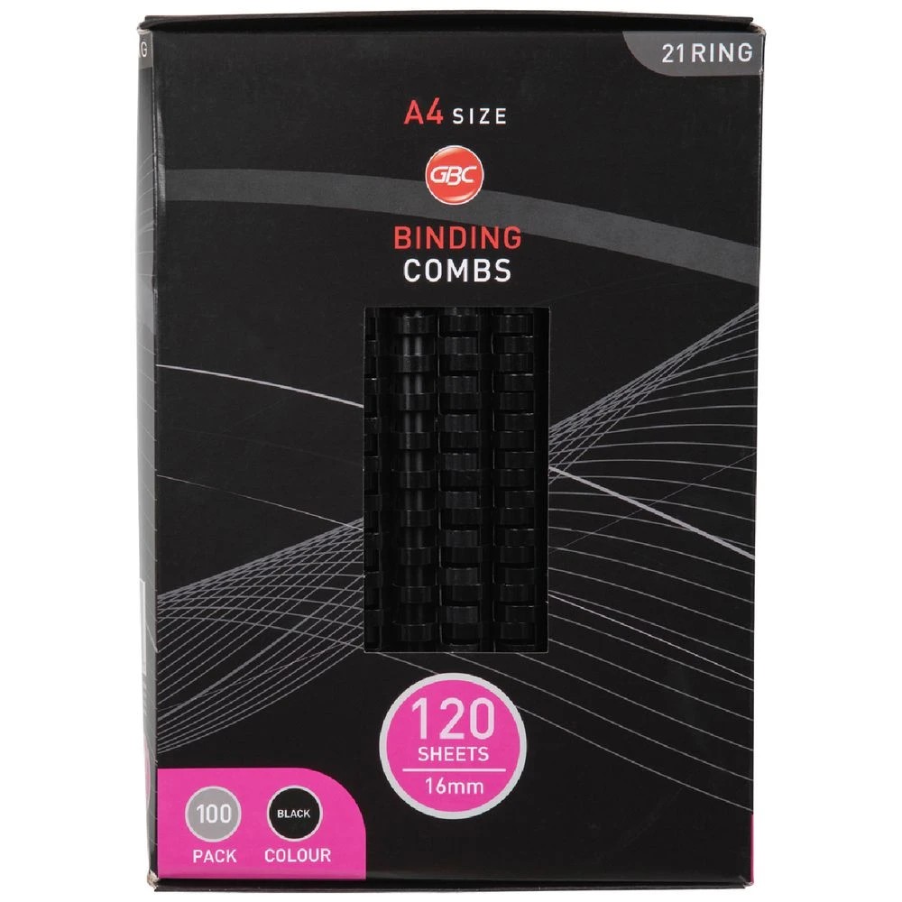 1 GBC Binding Comb 21 Loop Plastic 16mm Black 100 Pack, 1 of 3