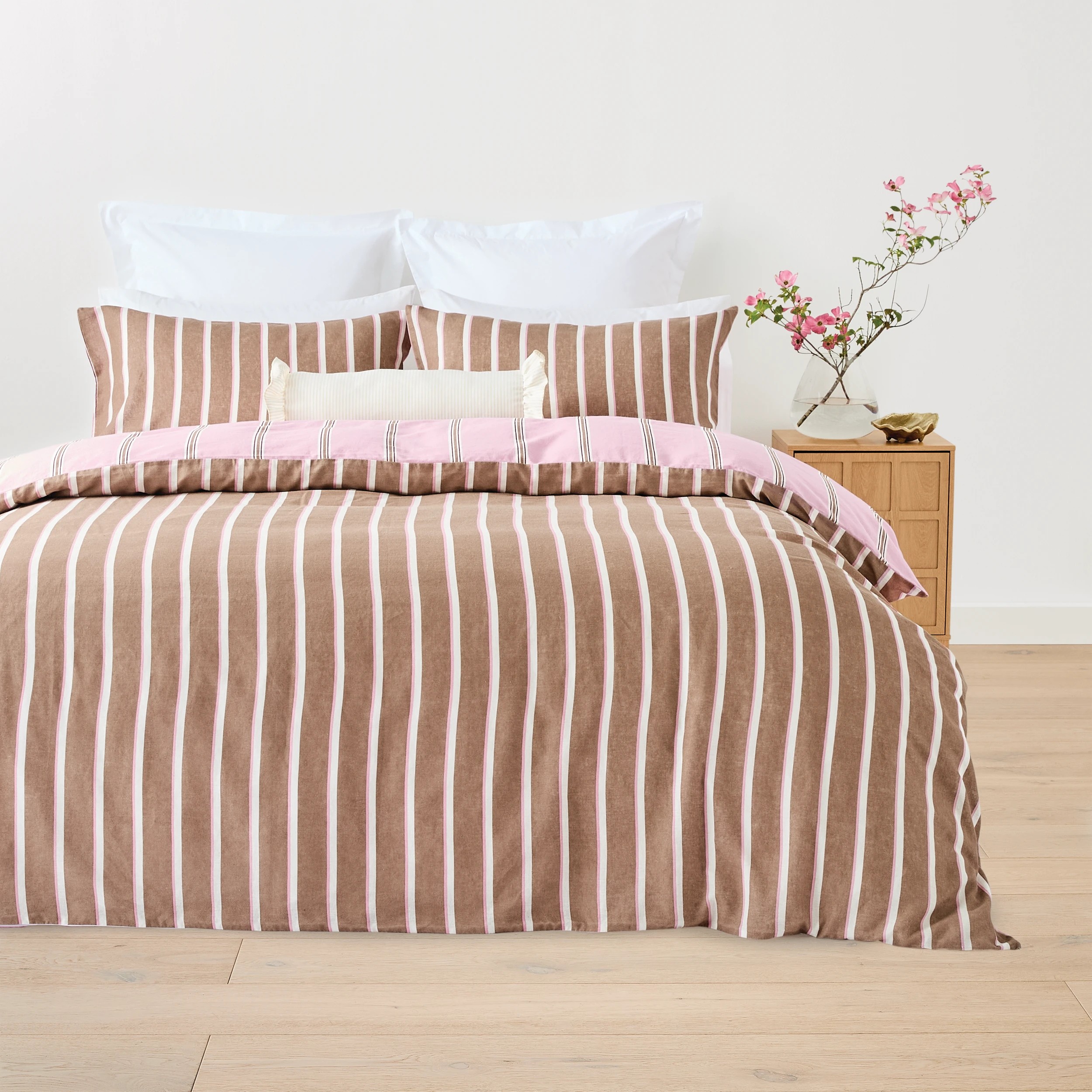 2 Stripe Cotton Linen Reversible Quilt Cover Set - King Bed, Pink and Mocha, 2 of 7