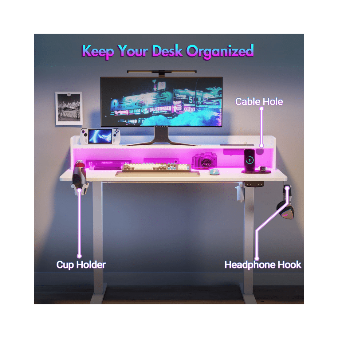 8 Advwin Led Rgb Light Electric Standing Desk With Power Outlets & Monitor Stand 120cm
 - White, 8 of 9