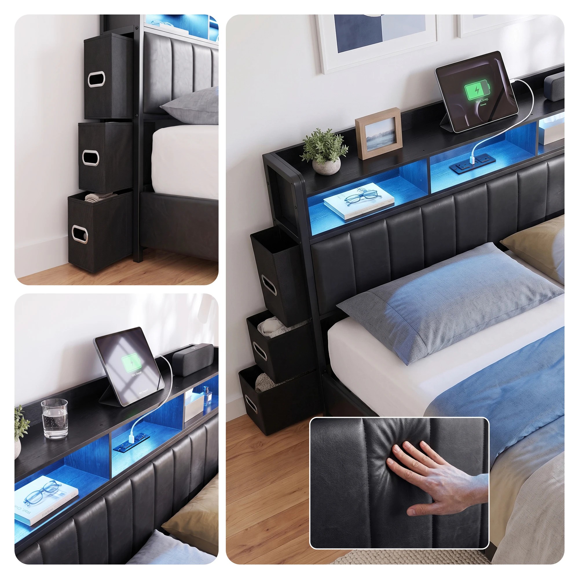 4 Artiss Bed Frame with Storage Headboard, 2 Drawers Charging Station LED Light - King Bed - Black, 4 of 10