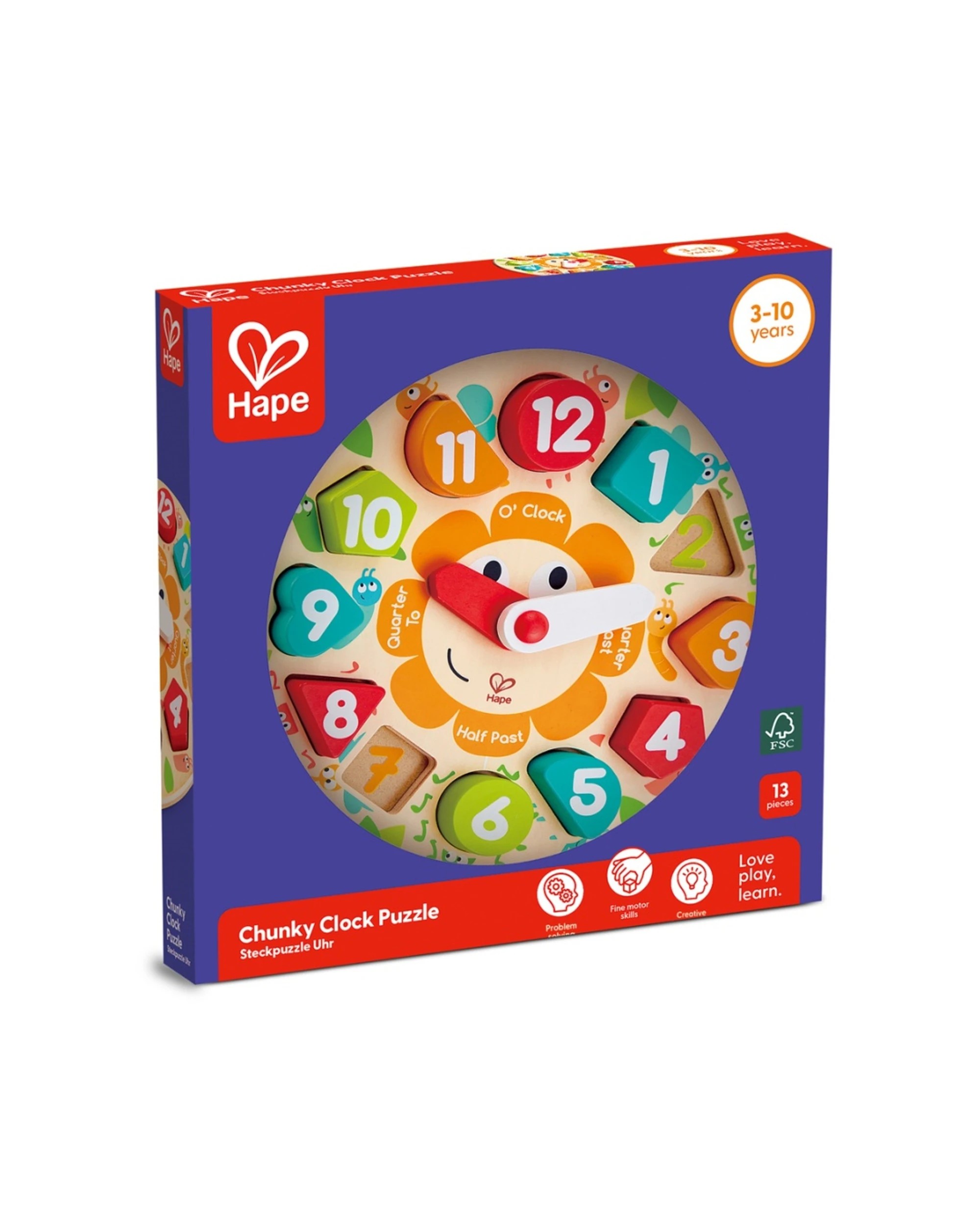 2 Hape Chunky Clock Puzzle Learn To Tell Time Colourful Shapes Educational Toy - Multi, 2 of 4