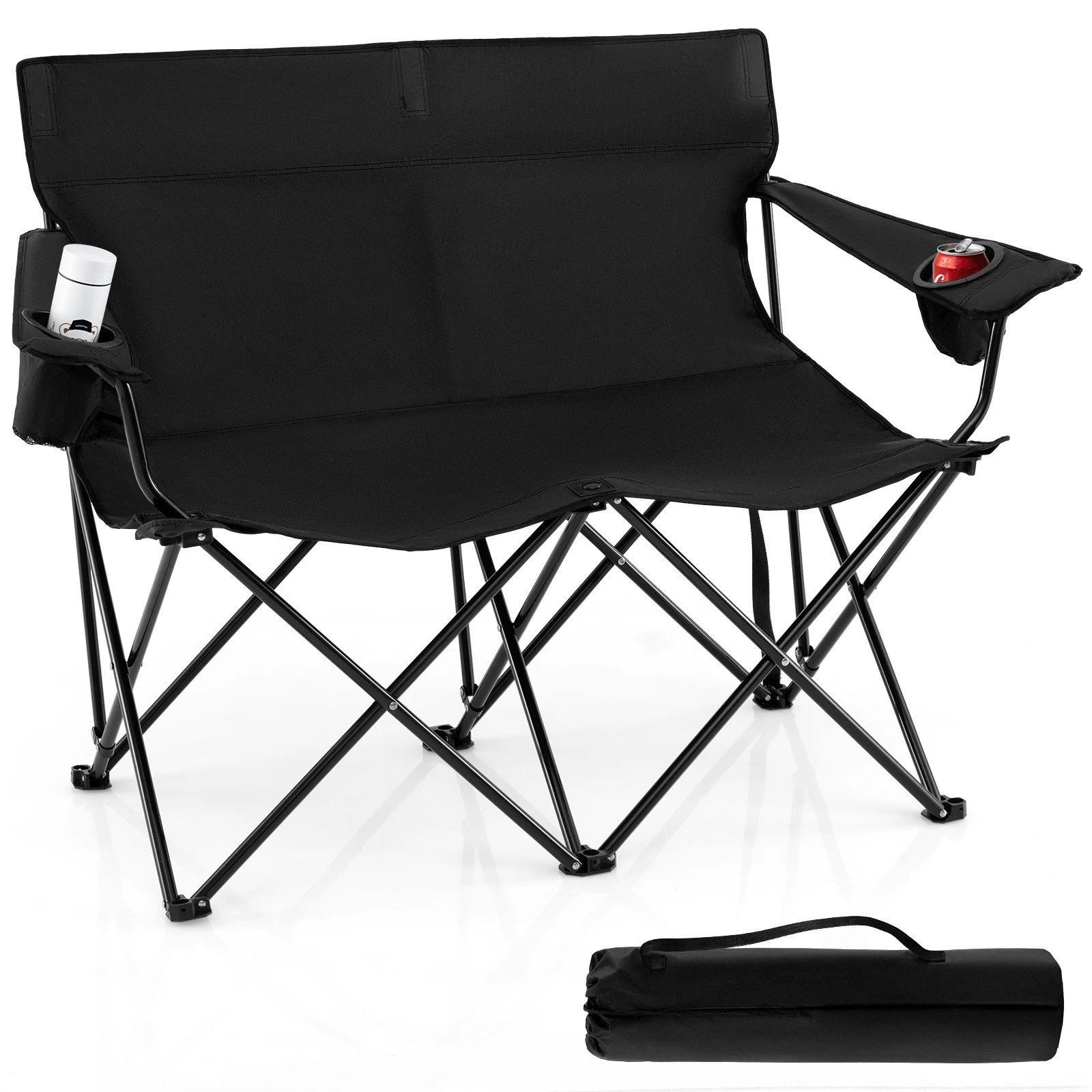 1 Costway Double Camping Chair 2-Person Portable Outdoor Folding Love Seat w/Cup Holders & Armrests - Black, 1 of 3
